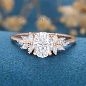 แหวนหมั้นเพชรมอยซาไนต์ทรงรีสไตล์วินเทจ10K/14K/18K ทองไม่ซ้ำใครออกแบบกลุ่มดอกไม้เครื่องประดับงานแต่งงานและครบรอบ - Product Image 1