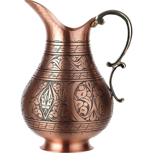 Jarra de cobre con acabado pulido para jarra de agua de Metal con diseño grabado de Ayurveda Doctor con asa para beber - Product Image 1
