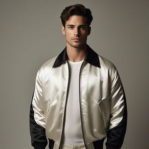 Bombardier en satin personnalisé veste à glissière pour hommes col rond fermeture éclair veste en satin d'extérieur manteau style de rue à la mode bombardier vestes en satin - Product Image 2