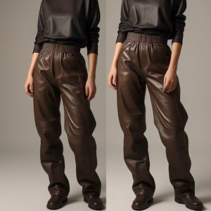 กางเกงหนัง PU สไตล์สตรีทสำหรับผู้หญิงกางเกงเอวสูงยืดได้สำหรับผู้หญิงกางเกงหนังทรงหลวมกางเกงสตรีท - Product Image 1