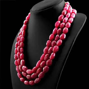 AAA+ Quality 1040.00 CTS EARTH MINED RICH RED <b>RUBY</b> 3 STRAND OVAL FACETED BEADS <b>NECKLACE</b> (DG) Cus-Jew26 - Product Image 3