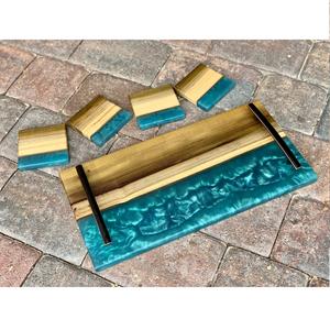 Bandeja para servir de madera y resina con diseño de ola oceánica con juego de posavasos, utensilios de cocina para desayuno, vajilla, bandeja decorativa para comedor y sala de estar - Product Image 1