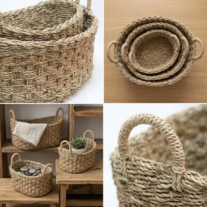 Juego de cestas de almacenamiento de banano y junco marino natural, con tejido de malla ovalado y asa en forma de arco, maceta de mesa, decoración artística pura para la habitación, artesanía. - Product Image 4