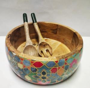 Nuevos cuencos de tamaño personalizado exterior de madera de acacia natural con esmalte impreso dentro del cuenco al por mayor ensalada cuenco para servir comida - Product Image 5