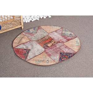 Tapis Vintage Bohème Rouge Turc 3.3X3.3 ft Laine Fourrure Tapis Latex pour Entrée Maison d'Été Plancher Patchwork Rectangle Couloir - Product Image 2