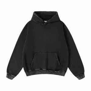 Sweat à capuche Hip Hop en molleton de coton épais tricoté, anti-plis, coupe oversize, uni, hiver, vintage, délavé à l'acide, avec logo personnalisé - Product Image 3