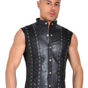 Havoc Lace-Up Leather Sleeveless Top <b>Mens</b> Black Faux Leather <b>Fetish</b> Harness Style Clubwear Vest - Product Image 2