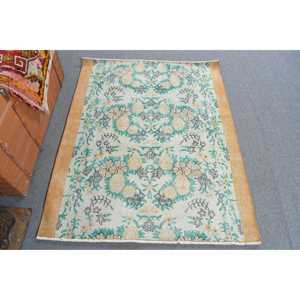 Vintage Turkish Accent Rug 3.6x4.4 ft, <b>Yellow</b> Green Oriental Rug - Product Image 1