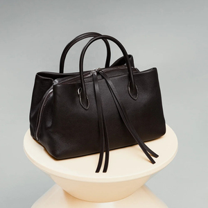 Bolso Tote Minimalista de Cuero Genuino con Detalle de Borla y Cierre de Cremallera, Bolso de Mano Casual para Mujer, Negro - Product Image 5