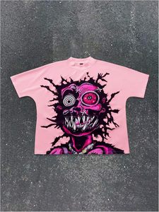 Camiseta Oversize de Anime de Terror, Estilo Urbano, con Estampado de Cara de Monstruo, Tendencia Rosa y Naranja, Diseño y Estampado Personalizados - Product Image 4