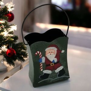 Seau de Noël en métal avec motif de Père Noël peint, pour rangement décoratif festif intérieur/extérieur saisonnier - Product Image 3