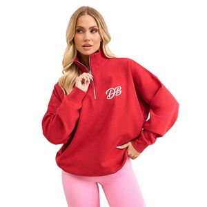 Sudadera roja con cremallera de 1/4 para mujer, estilo casual, holgada, de manga larga, transpirable, para invierno - Product Image 1