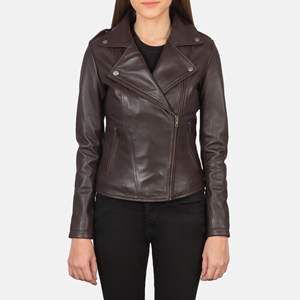 Chaqueta de motorista de piel de oveja auténtica para mujer, con cremallera, forro de viscosa acolchado y bolsillos exteriores interiores, color marrón - Product Image 1
