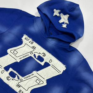 Sweat à capuche vieilli coton mélangé lavage à l'acide Patch personnalisé Applique broderie concevoir votre texte Logo Hoodies sweats à capuche surdimensionnés - Product Image 3