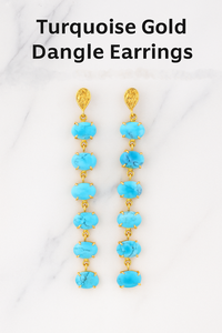 Bijoux de soirée, boucles d'oreilles longues ovales en turquoise bleue, plaquées or, serties à griffes, bijoux de créateur pour femmes - Product Image 2