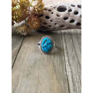 Navajo Handmade Fine Jewelry Kingman Turquoise & Sterling <b>Silver</b> <b>Statement</b> <b>Ring</b> Size 8 for Everyday Wear - Product Image 1