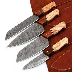Ensemble de couteaux de cuisine professionnels de luxe modernes en acier Damas, 5 pièces, acier au carbone VG10, manche en bois, écologique - Product Image 1