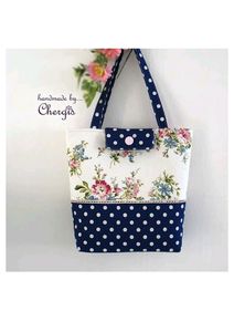 Bolsa de Mano de Algodón para Mujer al por Mayor, en Azul Marino y Blanco, con Diseño Floral y Combinación de Parches de Lunares - Product Image 2