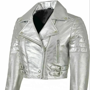 Chaqueta de cuero real plateada brillante para mujer, chaqueta de motocicleta, chaqueta de cuero de marca personalizada para mujer - Product Image 1