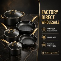 Ensemble de 5 poêles antiadhésives en acier inoxydable alvéolées avec couvercles en verre et poignées couleur champagne, compatibles induction, OEM ODM, vente en gros
