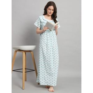 Camisón de Encaje 100% Algodón para Mujer, Mangas Medias, Largo Completo, Tela Transpirable, Cuello con Estampado Floral, Elegante, Primavera Otoño - Product Image 1