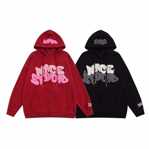 100% Cotton <b>Hoodie</b> Vintage-Letter Towel Embroidery Casual Zipper Cardigan Hooded Sweatshirt Plus Size Men Hoodies - Product Image 1