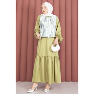 Conjunto de Dos Piezas en Satén Verde Oliva con Falda Estampada, Sin Cuello, Talla XS, para Primavera/Verano - Product Image 5