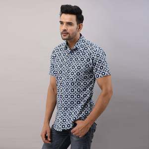 Men's Casual Blue Poplin Cotton Printed <b>Shirt</b> <b>Button</b>-Up Collar Breathable Business Dress Sizes XL to 6XL ODM Supply - Product Image 3