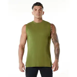 Camiseta sin mangas de corte cónico para hombres, Torso alargado de 100% algodón, verde musgo, cuello alto