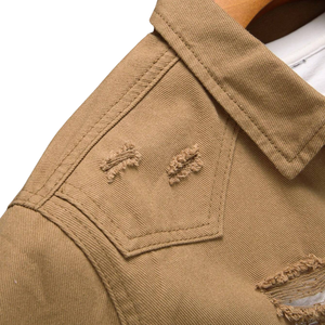 Chemise en jean kaki déchiré pour homme, manches courtes, boutonnée, style streetwear décontracté, 100 % coton sergé, haut léger tendance été - Product Image 5