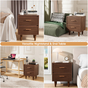 Nightstands Set of 2 Mid Century Modern End <strong>Table</strong> with 2 <strong>Drawers</strong> Vintage Wood Accent <strong>Side</strong> <strong>Table</strong> for Living Room - Product Image 4
