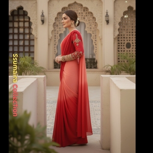 Trends By Cp Presenting Wholesale Saree en mousseline de soie ombrée avec chemisier brodé Zari lourd-Rouge/Pêche - Product Image 5