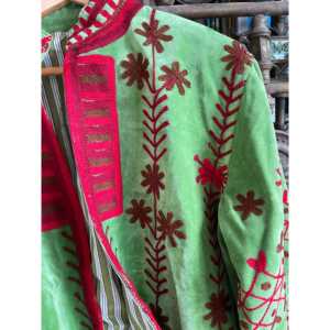 Blazer d'automne pour femmes, style chinoiserie, veste matelassée, broderie florale, velours réversible, vert mousse/scarlet, veste bomber courte en cuir - Product Image 5