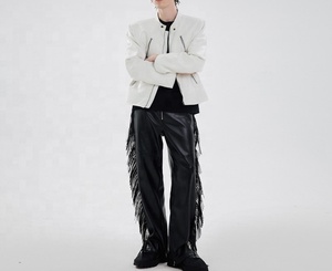 Pantalones anchos de cuero PU de cintura alta para hombre con decoración de borlas, estilo gótico, cierre de cremallera, para otoño - Product Image 6