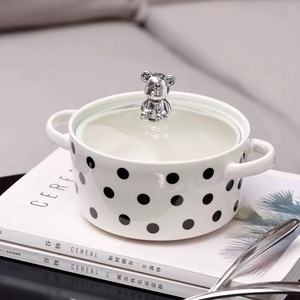 Bol à pâtisserie en céramique écologique à motif noir et blanc de style INS, bol à nouilles, bol à soupe avec couvercle - Product Image 3