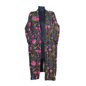 Peignoir Kimono Unisexe en Coton Kantha Thermique Respirant Élégant à Motifs Floraux Col en V Fermeture à Cordon Manches Longues pour Femme - Product Image 1