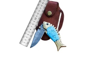 Cuchillo plegable de acero de Damasco hecho a mano único con hermoso mango de resina azul cielo, cuchillo de supervivencia, herramientas personalizables para hombres. - Product Image 5
