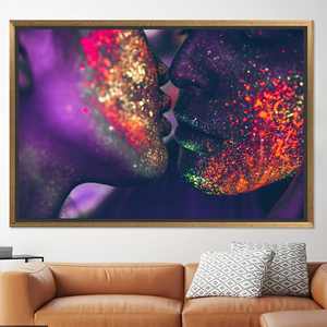 Erotic Tempered Glass Art: Sensual Kiss Printed Canvas Wall Decor,GOLD <b>FRAMED</b> CANVAS - Product Image 1