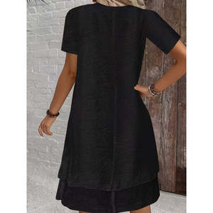 Vestido midi de manga corta con cuello redondo y textura arrugada para mujer, 35984 - Negro - Product Image 2