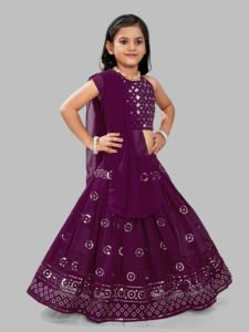 Ensemble Lehenga Choli Shoryam Fashion pour filles, couleur violette, avec travail de miroir, longueur au sol, dupatta, tenue ethnique pour enfants, fête, mariage, toutes saisons | - Product Image 5
