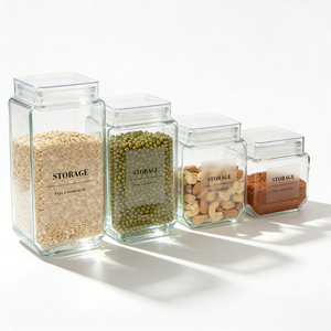 Bocal en verre carré moderne avec couvercle en <span class=keywords><strong>plastique</strong></span> hermétique pour comptoir de cuisine et présentoir sur étagère - Product Image 1