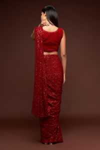 Trendmalls <b>Women's</b> Heavy Georgette Sequins Casual Wedding Regular Fit Saree Unstitched <b>Blouse</b> (K951-<b>Red</b>) Indian Pakistani - Product Image 3
