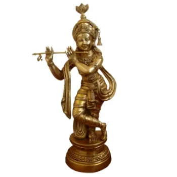 Lord Krishna pirinç metal el yapımı antik bitirmek heykeli dekoratif Metal Hindu tanrı heykel