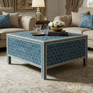 Table basse à tiroirs en os incrusté, d'inspiration vintage, meuble de rangement artisanal avec détails artistiques - Product Image 4