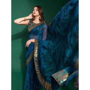 ผ้าชีฟองพิมพ์ลายดิจิทัลสีน้ำเงินกรมท่าสวยงามสำหรับงานเทศกาลและงานแต่งงาน - Product Image 4