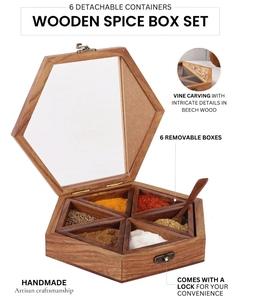 Hand Carved Gul Hexagonal Sheesham Wood <b>Spice</b> Box/ Dry-fruit Box Containers <b>spice</b> container with spoon wooden kitchen decor - Product Image 6