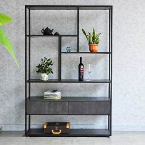 KTB68074 Standing Type Decorative Shelf with Drawers 120x38x180cm Rubber Wood and Iron Frame for Living Room - Product Image 4