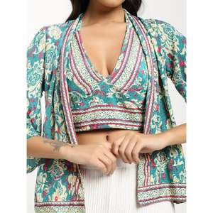 <b>Womens</b> Floral Printed Co Ord Set Crop <b>Top</b> With Kimono Jacket White Wide Leg Pants Boho Summer Resort Wear - Product Image 3