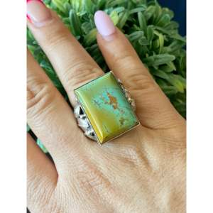 Darrell Morgan Kingman <b>Statement</b> <b>Ring</b> Boho Style Bezel Set Turquoise with Sterling <b>Silver</b> Geometric Cut Size 8.75 Everyday Wear - Product Image 2