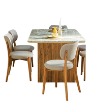 Table de salle à manger avec dessus en marbre de Toronto avec motif vertical pieds en bois de manguier naturel massif Table de salle à manger durable et écologique